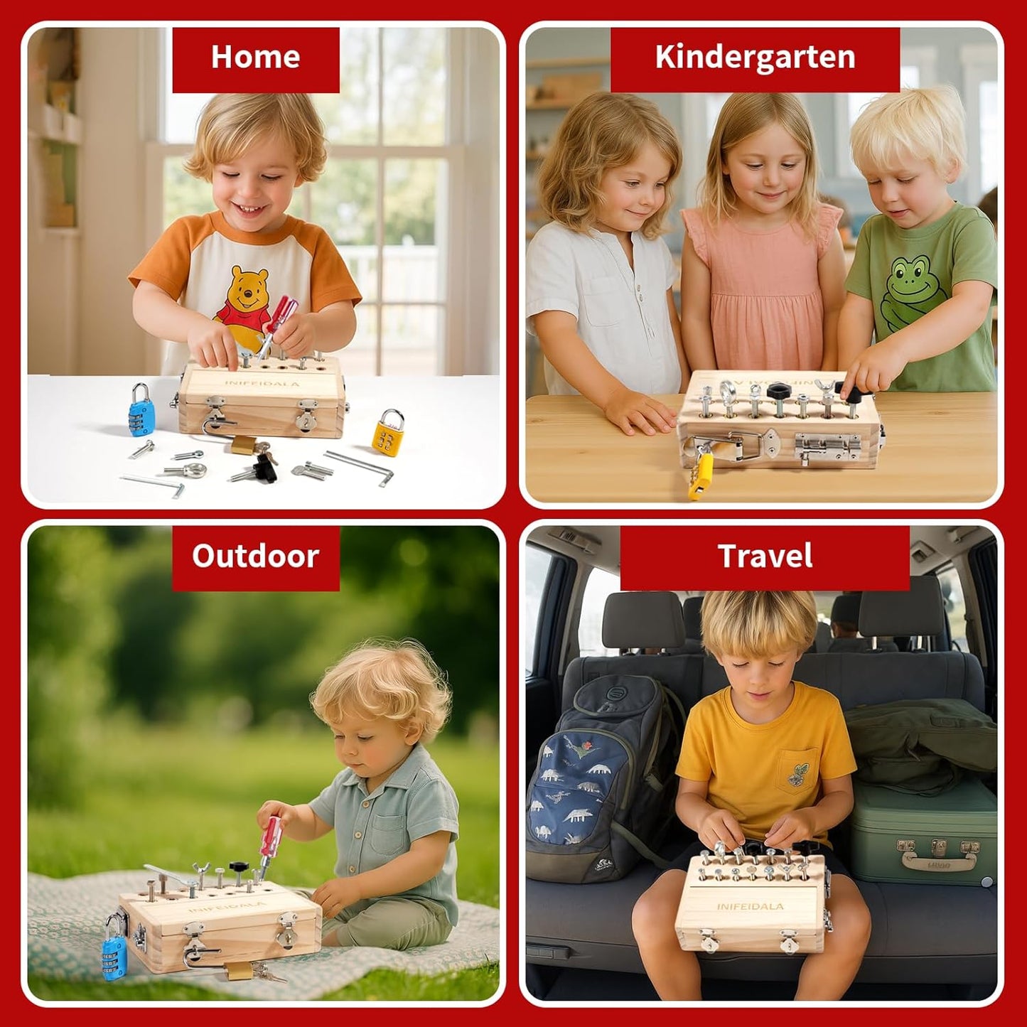 Wooden Sensory Toy with Locks, Latches & Screwdriver Set, Montessori Busy Board for Toddlers, Fine Motor Skills Learning Toy for Travel, Quiet Play & Preschool Activities