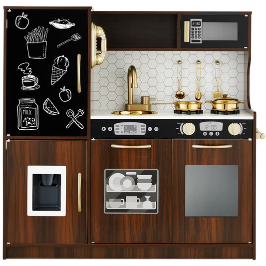 Pretend Play Kitchen Wooden Toy Set for Kids W/ Telephone, Utensils, Oven, Microwave - Espresso