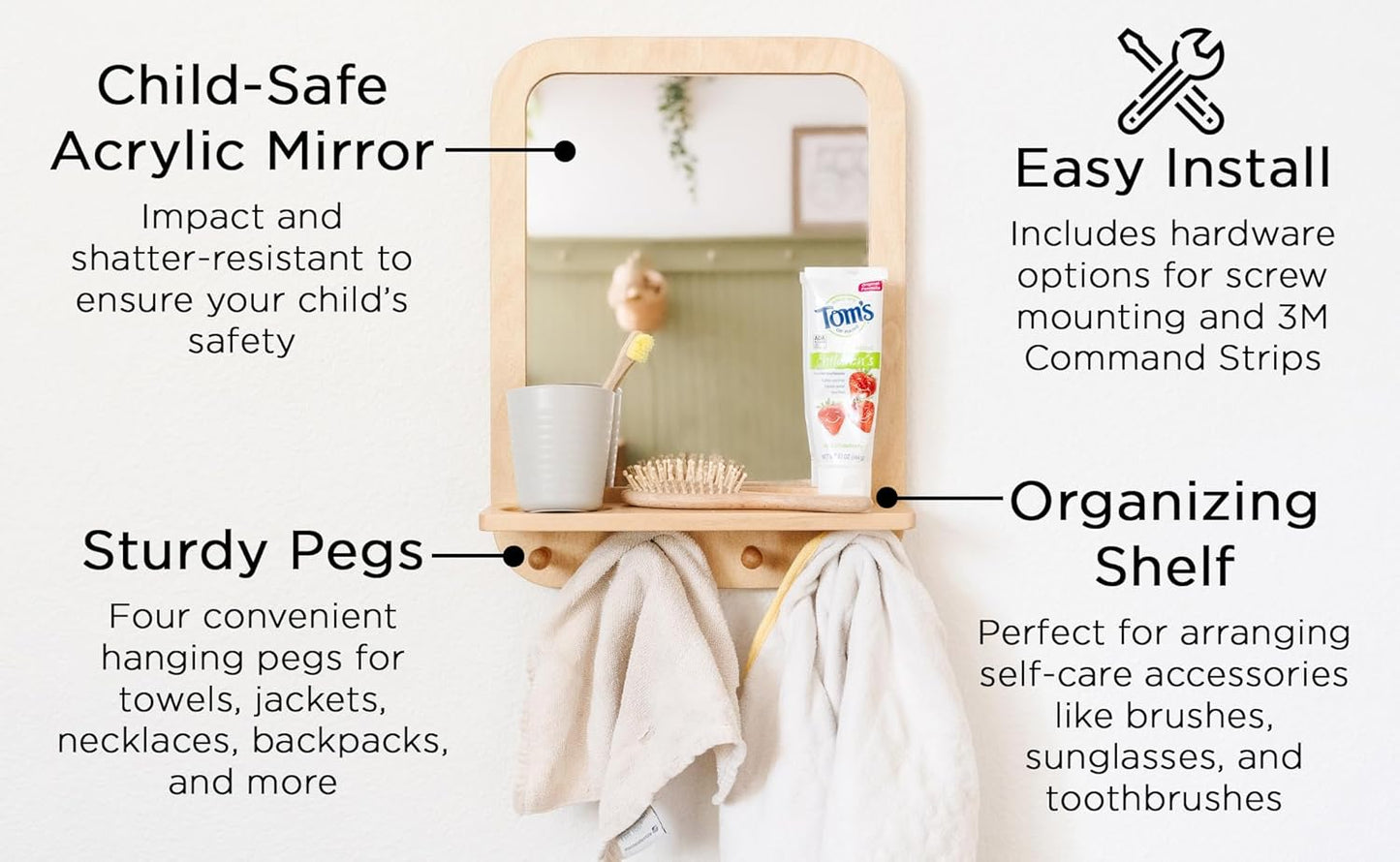 Montessori Wall Mirror with Hooks & Shelf - Toddler Self-Care Station