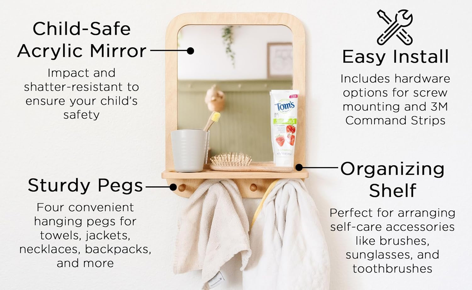 Montessori Wall Mirror with Hooks & Shelf - Toddler Self-Care Station