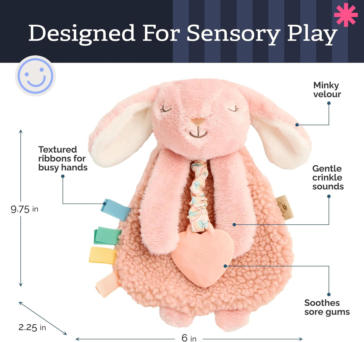 Itzy Lovey with Teether - Plush Baby Lovey Featuring Textured Ribbons, Dangle Arms, Crinkle Sound, Sherpa Fabric, and Minky Plush (Pink Bunny)