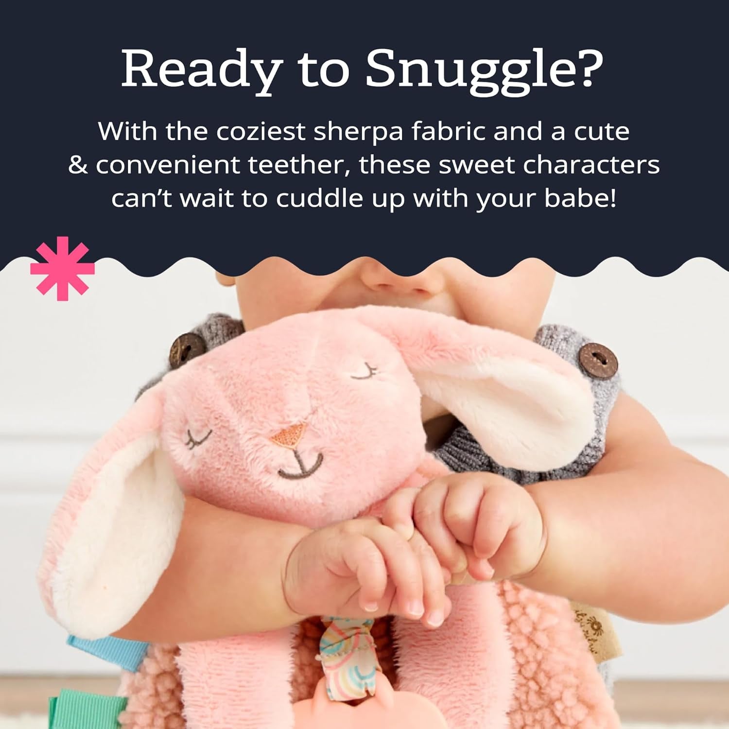 Itzy Lovey with Teether - Plush Baby Lovey Featuring Textured Ribbons, Dangle Arms, Crinkle Sound, Sherpa Fabric, and Minky Plush (Pink Bunny)
