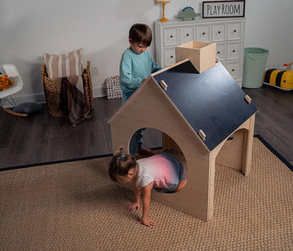 Indoor Montessori Wooden and Waldorf Style Playhouse for Toddlers with Double Chalkboard Roof - Sturdy Play Set Structure for Children and Kids ECC Early Childhood Day Care, Preschool Playroom