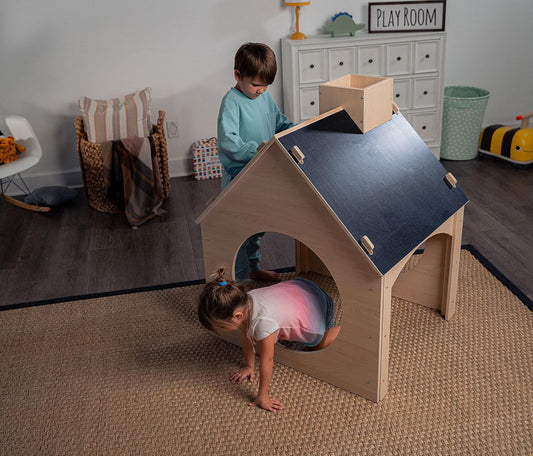 Indoor Montessori Wooden and Waldorf Style Playhouse for Toddlers with Double Chalkboard Roof - Sturdy Play Set Structure for Children and Kids ECC Early Childhood Day Care, Preschool Playroom