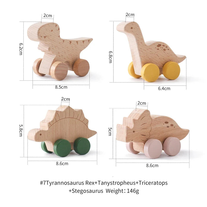 Set of 8 Wooden Dinosaur Vehicles - Montessori Developmental Push Toys for Infants and Toddlers