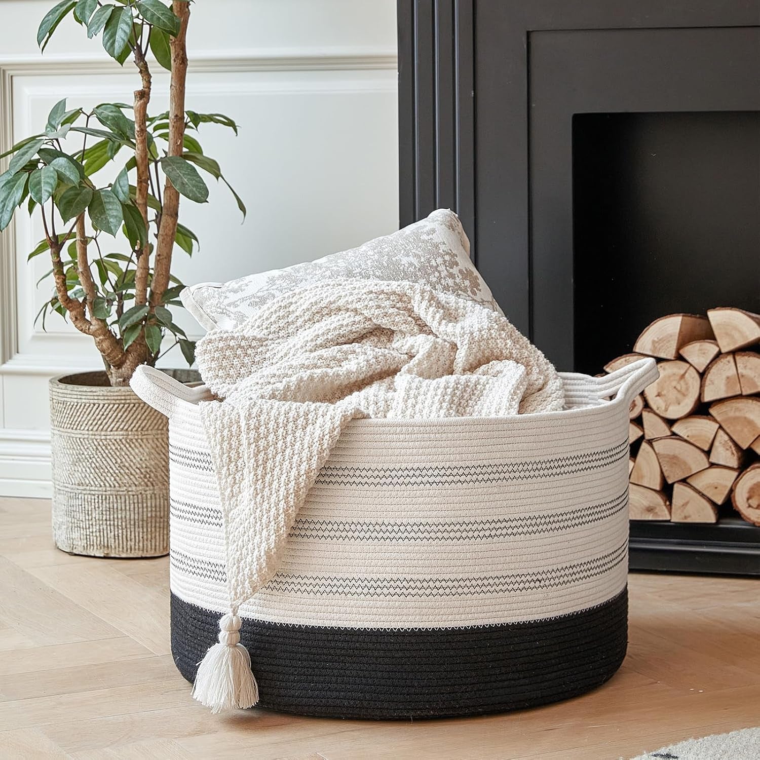 Xxxlarge Cotton Rope Basket 22" X 22"X 14" Blanket Basket for Living Room Woven Basket Soft Baby Laundry Blanket Basket Nursery Bin Toy Basket with Handle White+Black