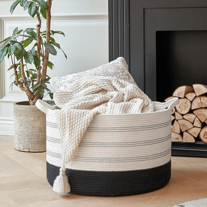 Xxxlarge Cotton Rope Basket 22" X 22"X 14" Blanket Basket for Living Room Woven Basket Soft Baby Laundry Blanket Basket Nursery Bin Toy Basket with Handle White+Black