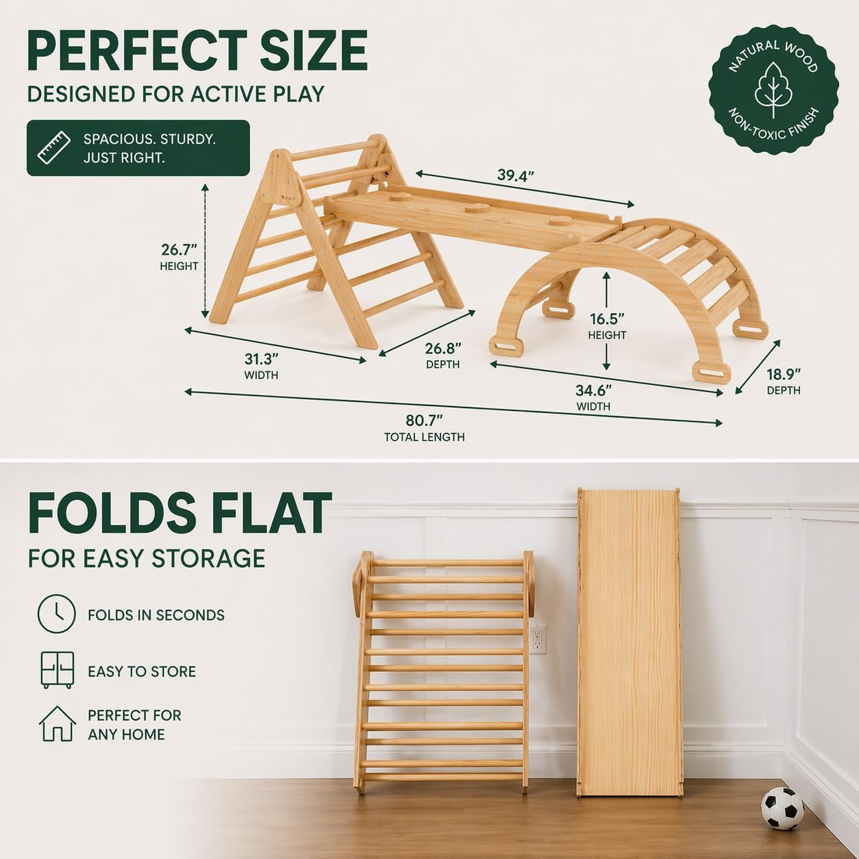 Hazel 5-In-1 Indoor Climbing Gym - Waldorf and Montessori Climbing Set with Triangle Ladder, Climbing Ramp, Arch Climber, Rocker, and Slide