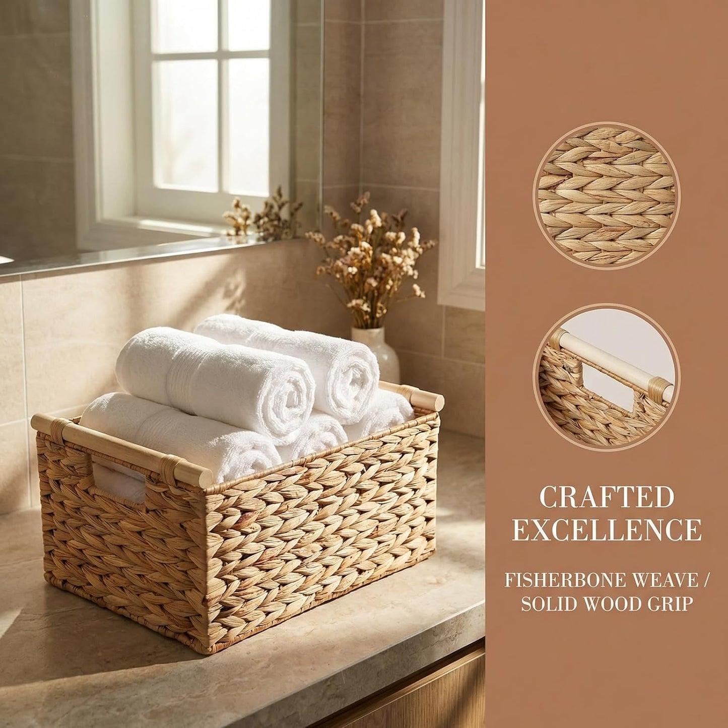 Natural Water Hyacinth Storage Baskets with Handles - Woven Rectangular Organizing Baskets for Shelves and Towels
