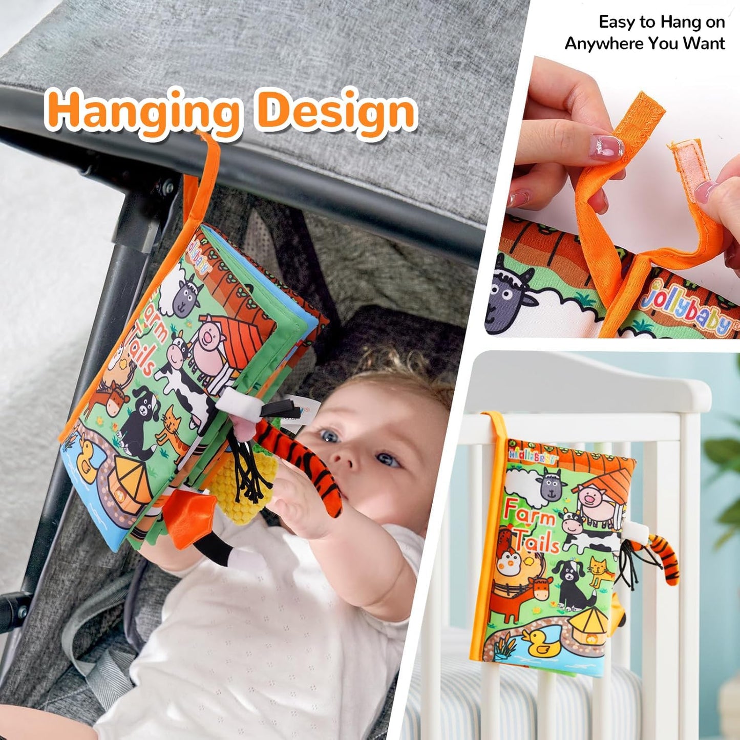 Soft Cloth Baby Books for Infants 0-6 Months - Crinkle Sensory Toys with Touch and Feel Features for Tummy Time - Farm Tails Edition