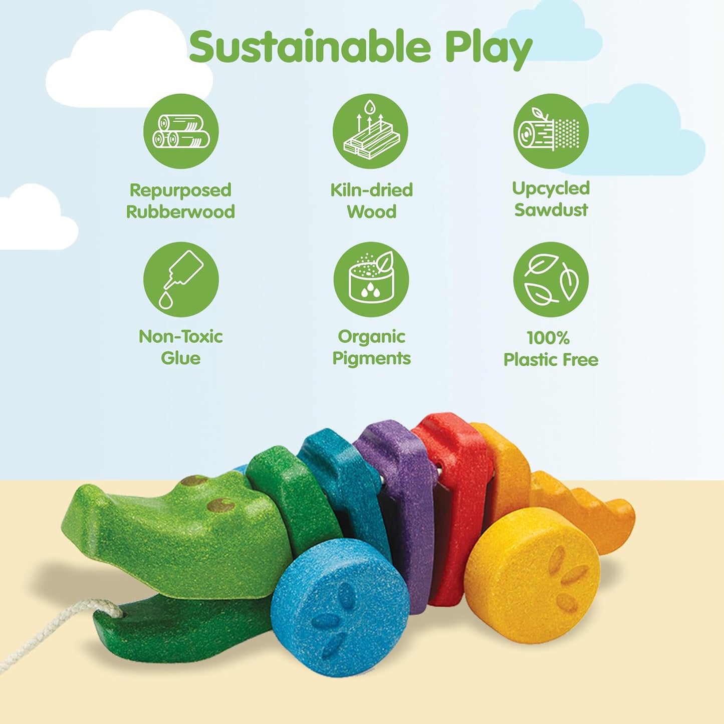 Rainbow Dancing Alligator Pull Toy for Toddlers | Eco-Friendly Wooden Toy with Click-Clack Sound | Walking Toy for Babies