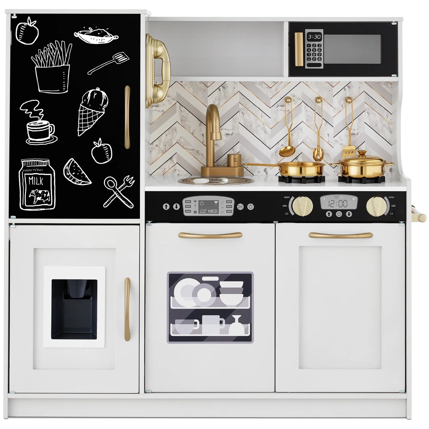 Children's Wooden Pretend Play Kitchen Set with Telephone, Utensils, Oven, and Microwave - White Bevel Finish