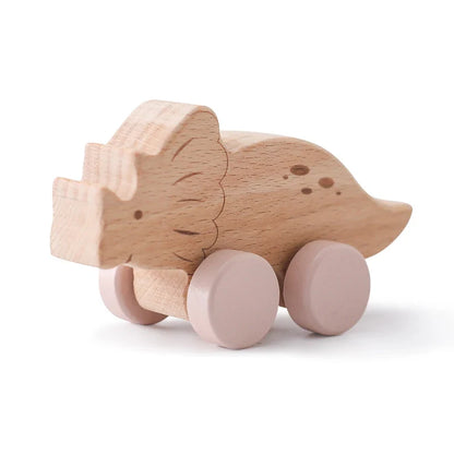 Set of 8 Wooden Dinosaur Vehicles - Montessori Developmental Push Toys for Infants and Toddlers