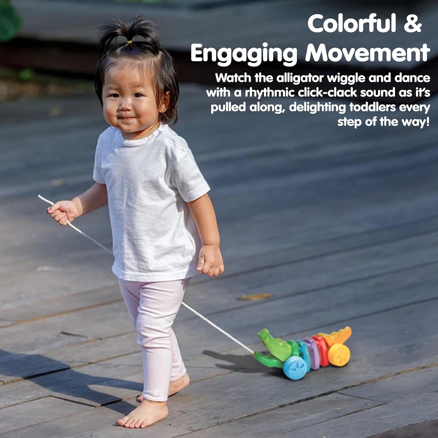 Rainbow Dancing Alligator Pull Toy for Toddlers | Eco-Friendly Wooden Toy with Click-Clack Sound | Walking Toy for Babies