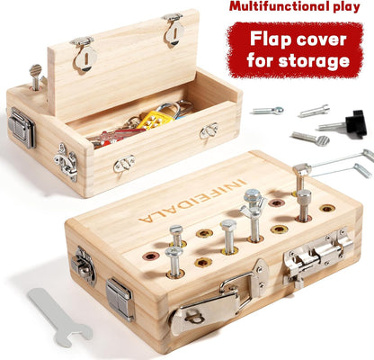 Wooden Sensory Toy with Locks, Latches & Screwdriver Set, Montessori Busy Board for Toddlers, Fine Motor Skills Learning Toy for Travel, Quiet Play & Preschool Activities