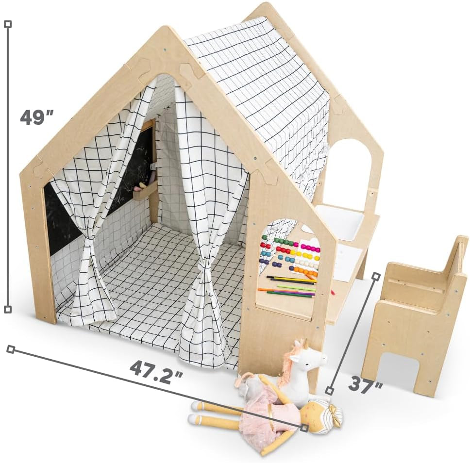 5 in 1 Indoor Playhouse with Desk Table, Chair, Chalkboard, Floor Cushion and Curtain Shades - Montessori and Waldorf Style