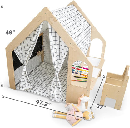 5 in 1 Indoor Playhouse with Desk Table, Chair, Chalkboard, Floor Cushion and Curtain Shades - Montessori and Waldorf Style
