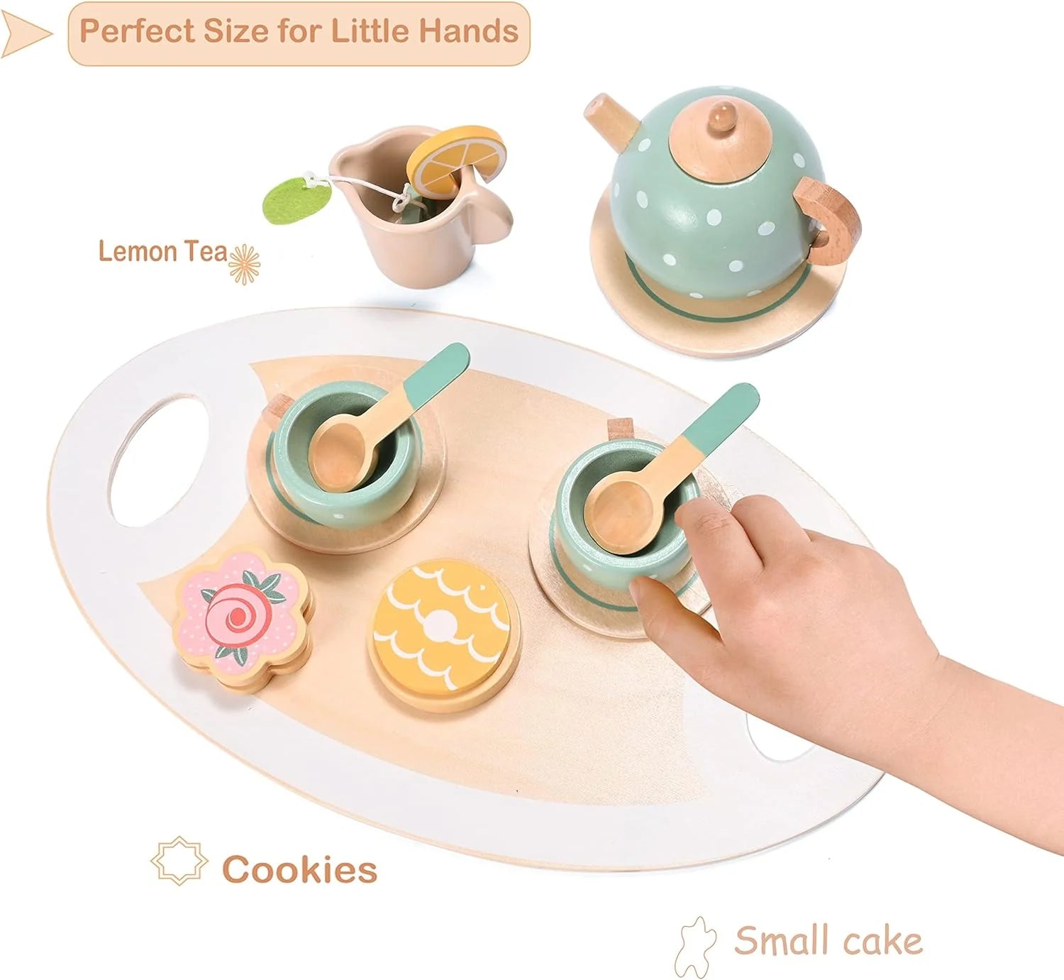 MONT PLEASANT Children's Wooden Tea Set - Toddler Kitchen Accessories and Play Food for Tea Parties