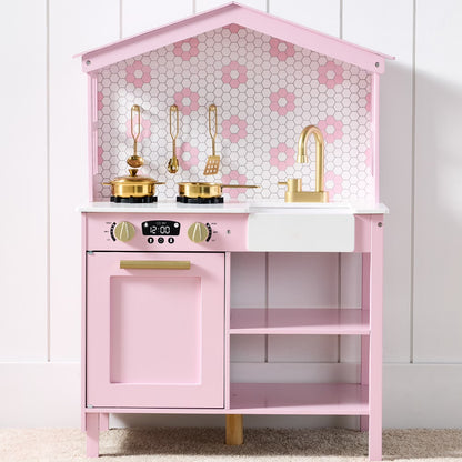 Rose Wooden Farmhouse Kitchen Playset with Storage, Interactive Features, and Five Accessories