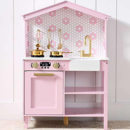 Rose Wooden Farmhouse Kitchen Playset with Storage, Interactive Features, and Five Accessories