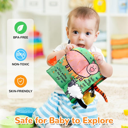 Soft Cloth Baby Books for Infants 0-6 Months - Crinkle Sensory Toys with Touch and Feel Features for Tummy Time - Farm Tails Edition