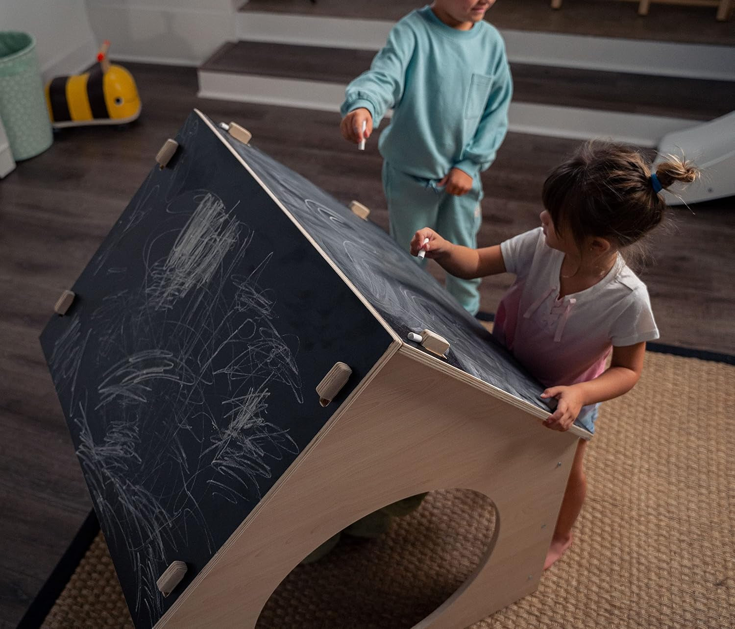 Indoor Montessori Wooden and Waldorf Style Playhouse for Toddlers with Double Chalkboard Roof - Sturdy Play Set Structure for Children and Kids ECC Early Childhood Day Care, Preschool Playroom
