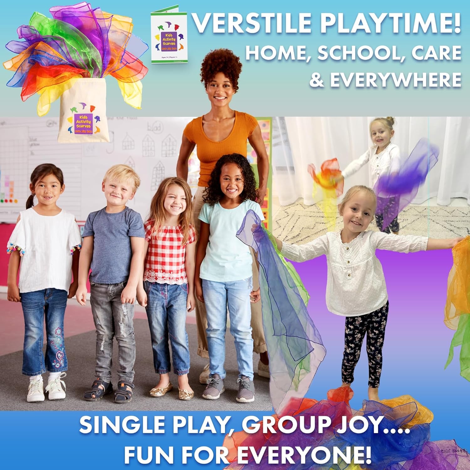 Play Scarves – Montessori-Inspired Sensory Dance Scarves for Toddlers & Preschool, 7 Pairs of Music & Movement Props for Classroom, Daycare & PE, Waldorf Gross Motor Toys