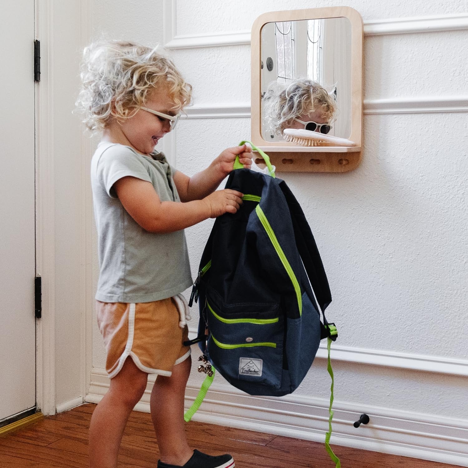 Montessori Wall Mirror with Hooks & Shelf - Toddler Self-Care Station